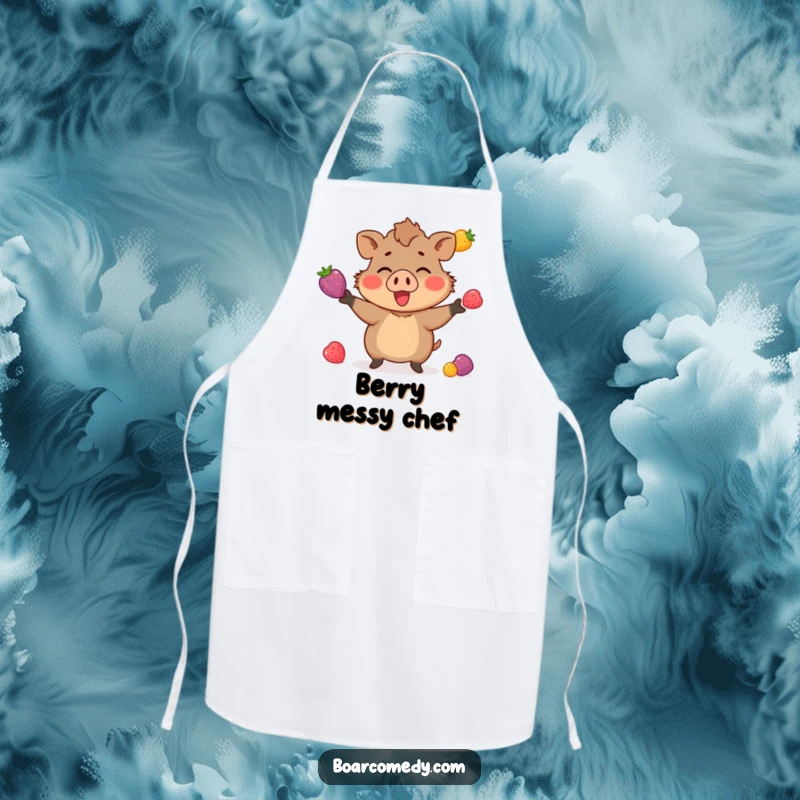 Funny apron with a little boar character enthusiastically juggling three brightly colored berries, a charming kitchen accessory.