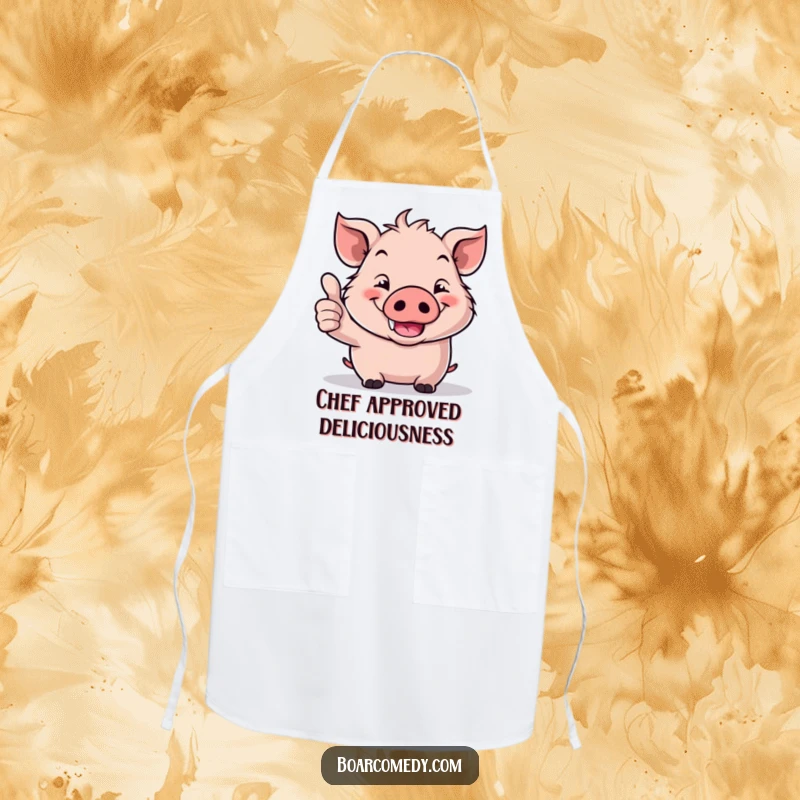 Funny Kawaii Boar Apron: A cute kawaii boar sports a wide grin while giving an enthusiastic thumbs up, ready to assist.
