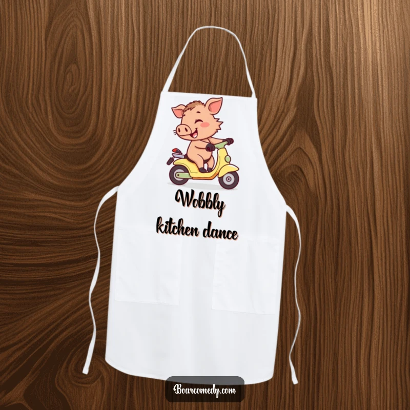 Funny cheerful little boar character wobbling precariously while attempting to ride a tiny scooter, featured on a practical and humorous kitchen apron.