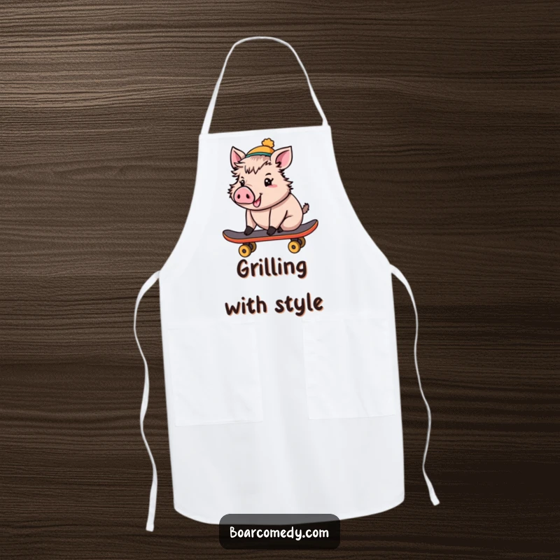 Funny Apron: Cheerful boar wearing a tiny hat, skateboarding, bringing humorous energy to kitchen tasks.