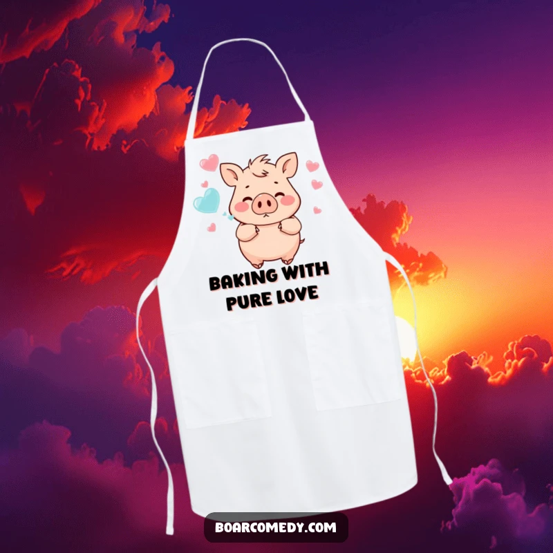 Funny chubby boar blowing heart-shaped bubbles, a cheerful and practical apron for kitchen enthusiasts and lovers of cute.