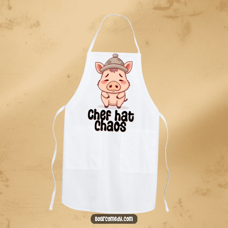 Funny apron showing a confused boar character wearing an oversized tiny hat, adding playful humor to kitchen tasks.
