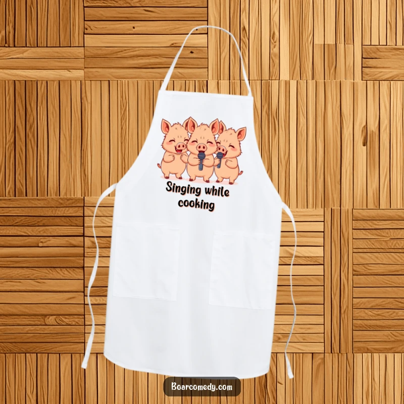 Funny group of three cute boars giggling with tiny microphones, a humorous and practical apron for kitchen entertainers.