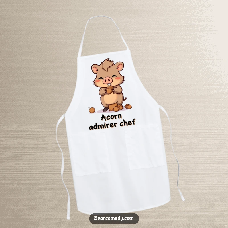 Funny Kawaii Boar Apron with a mischievous grin, balancing a stack of acorns, ready for culinary challenges.