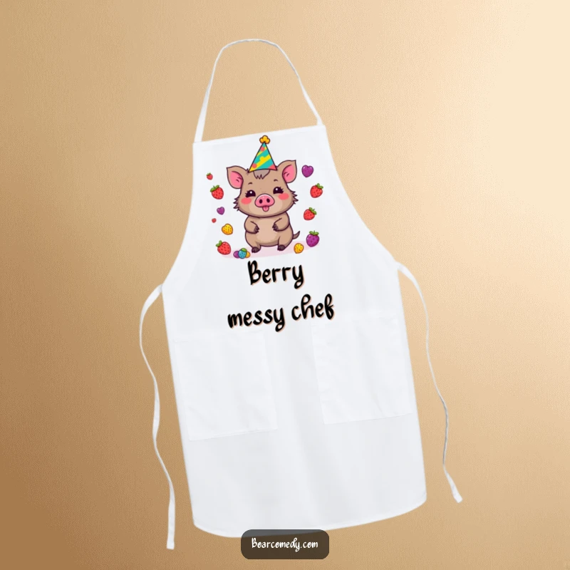 Funny Kawaii Boar Apron with a party hat, amusingly juggling various berries, a chef ready for fun and flavor.