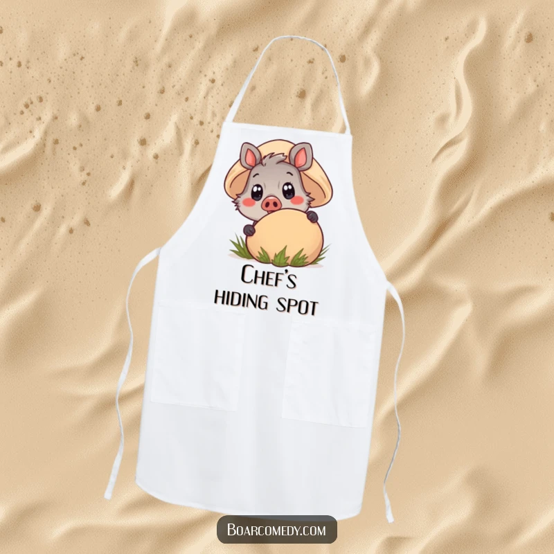Funny Kawaii Boar Apron with a cheerful expression, peeking from behind a large mushroom, ready for culinary fun.
