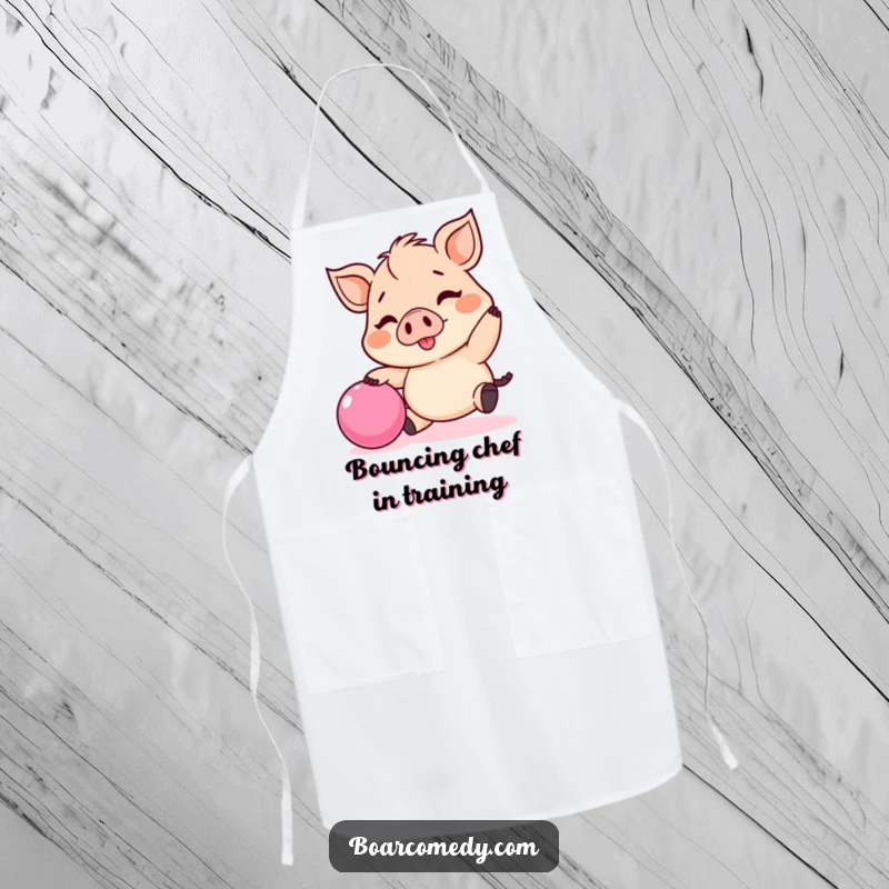 Funny Kawaii boar apron, a small, cheerful boar actively bouncing a pink ball, ideal for kitchen fun.