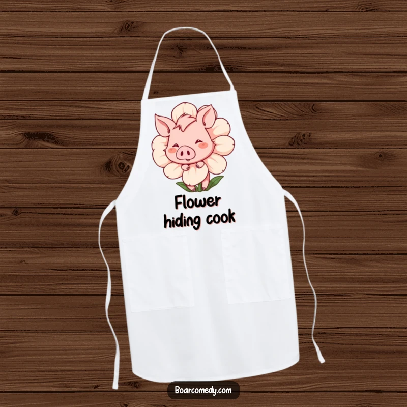 Funny Apron: Blushing boar character shyly peeking from behind a large flower, smiling sweetly while cooking.