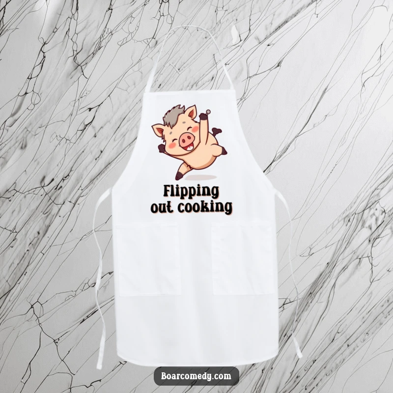 Funny smiling boar character tumbling head over heels in a playful manner, on a kitchen apron.