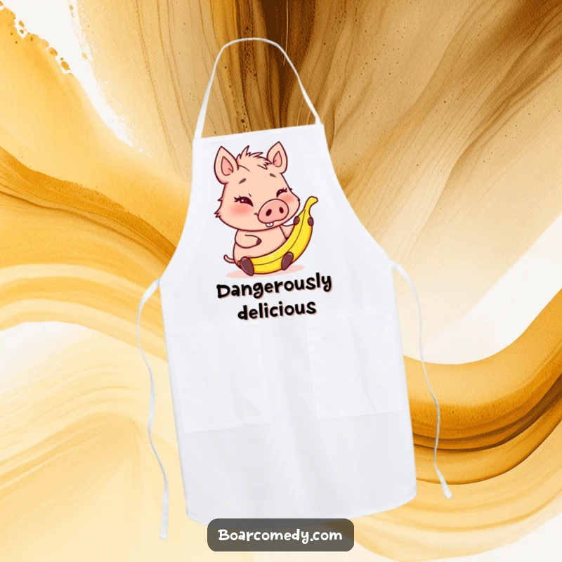Funny winking boar character holding a tiny banana peel, a humorous and practical apron for kitchen pranksters.
