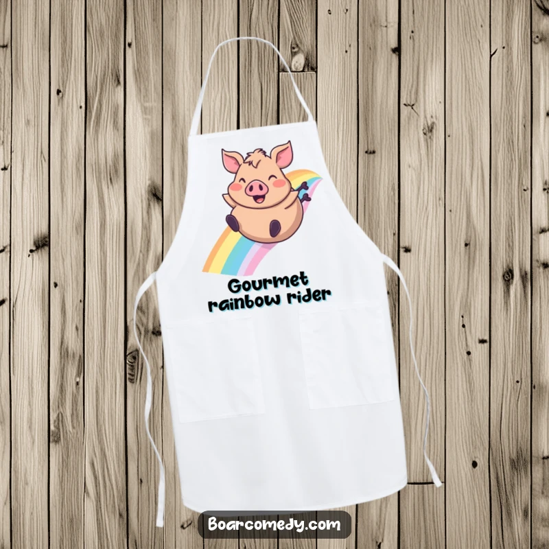 Funny apron showing a plump boar character delightedly sliding down a rainbow, ears flapping, adding kitchen humor.