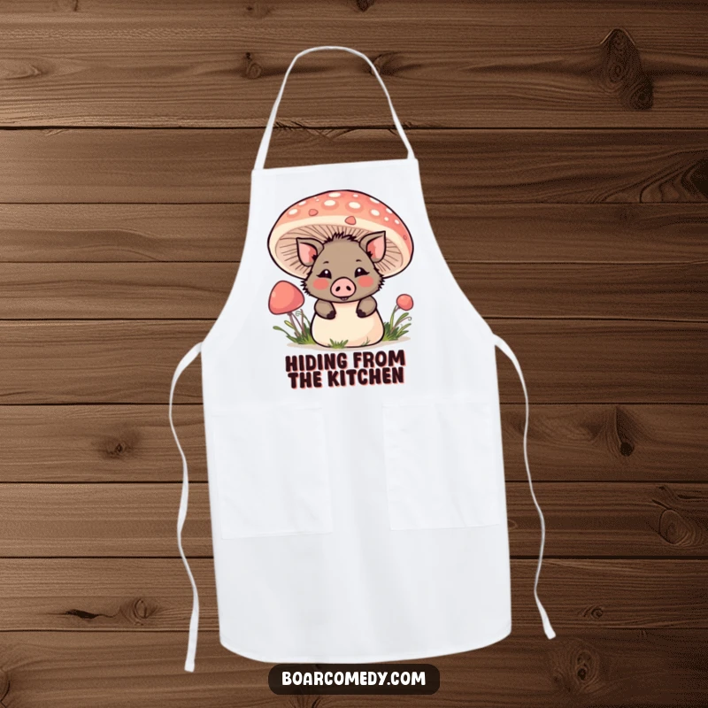 Funny Kawaii Boar Apron: A kawaii boar peeks playfully from behind a large mushroom, ready for kitchen adventures.