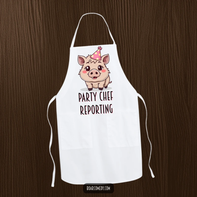 Funny cute boar wearing a tiny party hat, eyes wide with surprise and joy, on an apron.