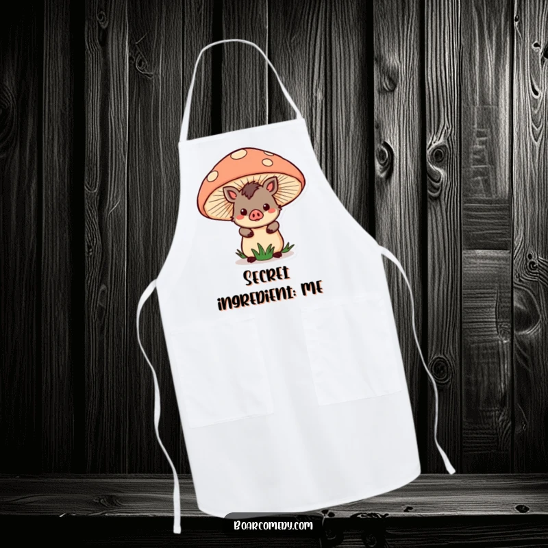 Funny Apron: Kawaii boar character peeking from behind a giant mushroom, adding whimsical charm to kitchen tasks.