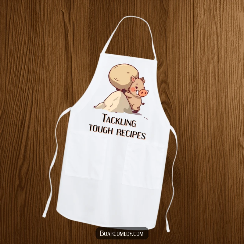Funny kitchen apron showcasing a determined boar character straining to push a large, round stone uphill.