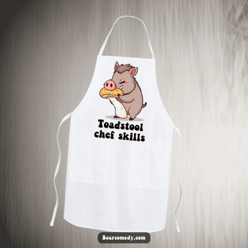 Funny Apron: Cute, plump boar concentrating intently, balancing a large, wobbly mushroom on its snout while cooking.