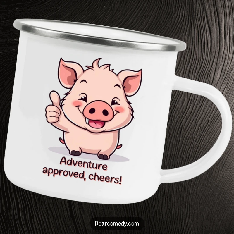 Funny Kawaii Boar Camping Mug: A sturdy camping mug featuring a kawaii boar giving a thumbs up with a wide, happy grin.