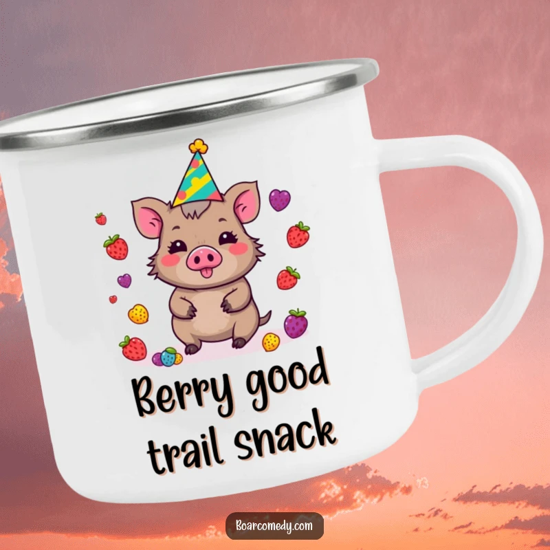 Funny Kawaii Boar Camping Mug in a party hat, energetically juggling colorful berries, perfect for rugged fun and outdoor joy.