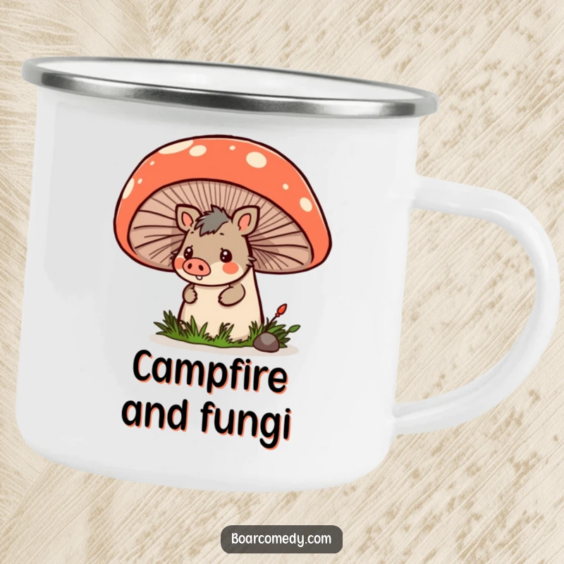 Funny durable camping mug with a kawaii boar peeking from behind a mushroom, perfect for outdoor brews.