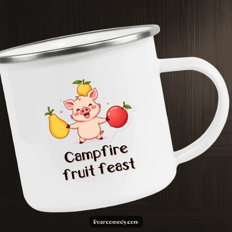 Funny happy boar character juggling three large, colorful fruits, a durable and vibrant camping mug for outdoor enjoyment.