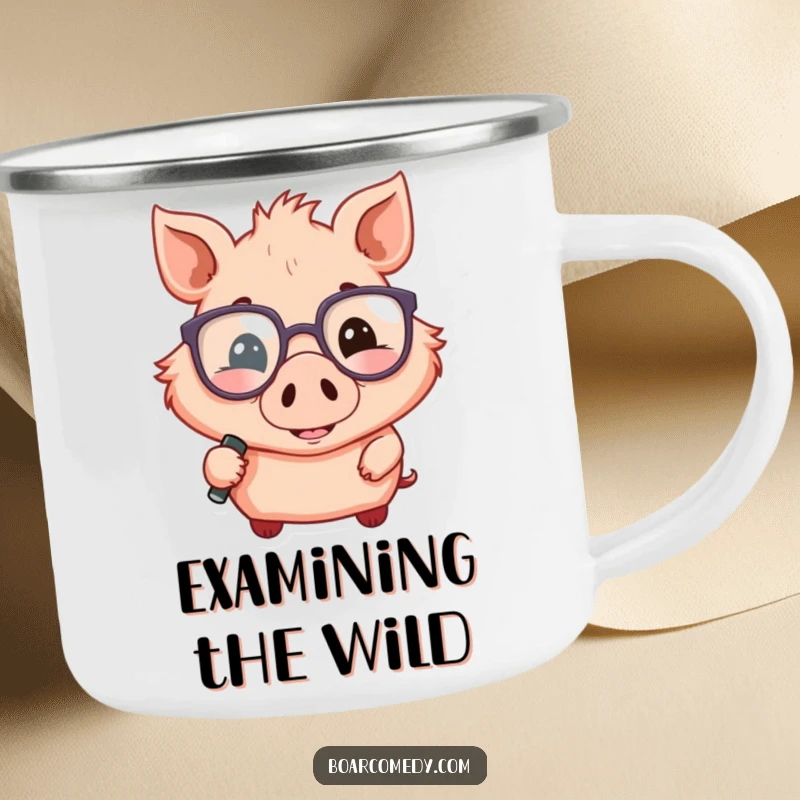 Funny durable camping mug with a smiling boar wearing oversized glasses and holding a magnifying glass, ready for outdoors.
