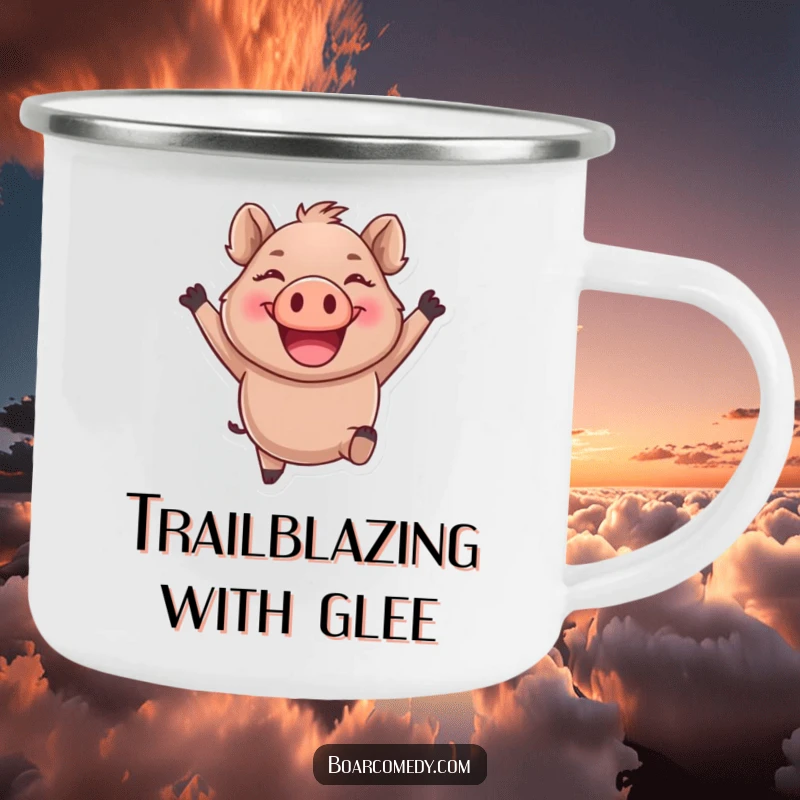 Funny round boar character leaping joyfully with a giant smile, on a sturdy enamel camping mug.