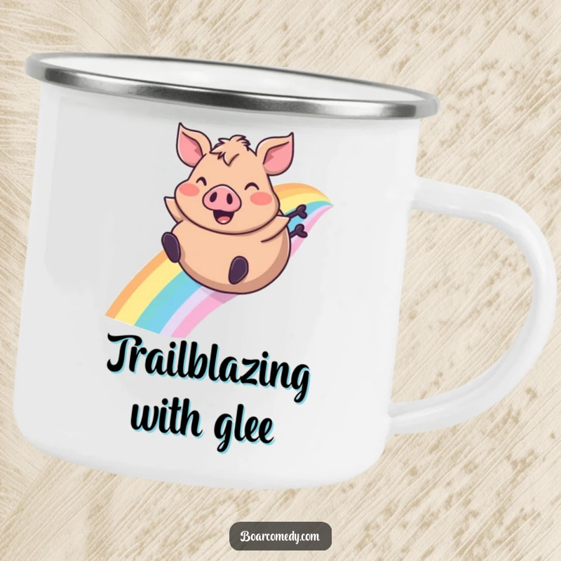 Funny camping mug featuring a plump boar character gleefully sliding down a rainbow, ears flapping, perfect for outdoor humor.