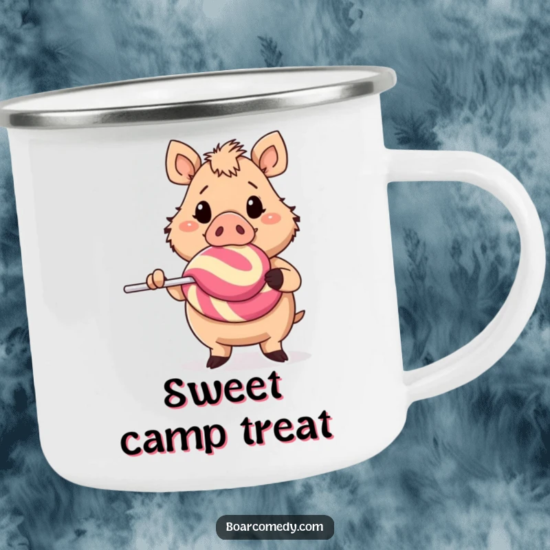 Funny cheerful boar character holding a massive lollipop, a durable and fun camping mug for enjoying drinks outdoors.