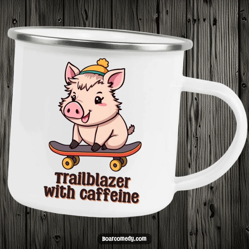 Funny Camping Mug: Cheerful boar wearing a tiny hat, riding a skateboard, a durable and humorous mug for outdoor fun.