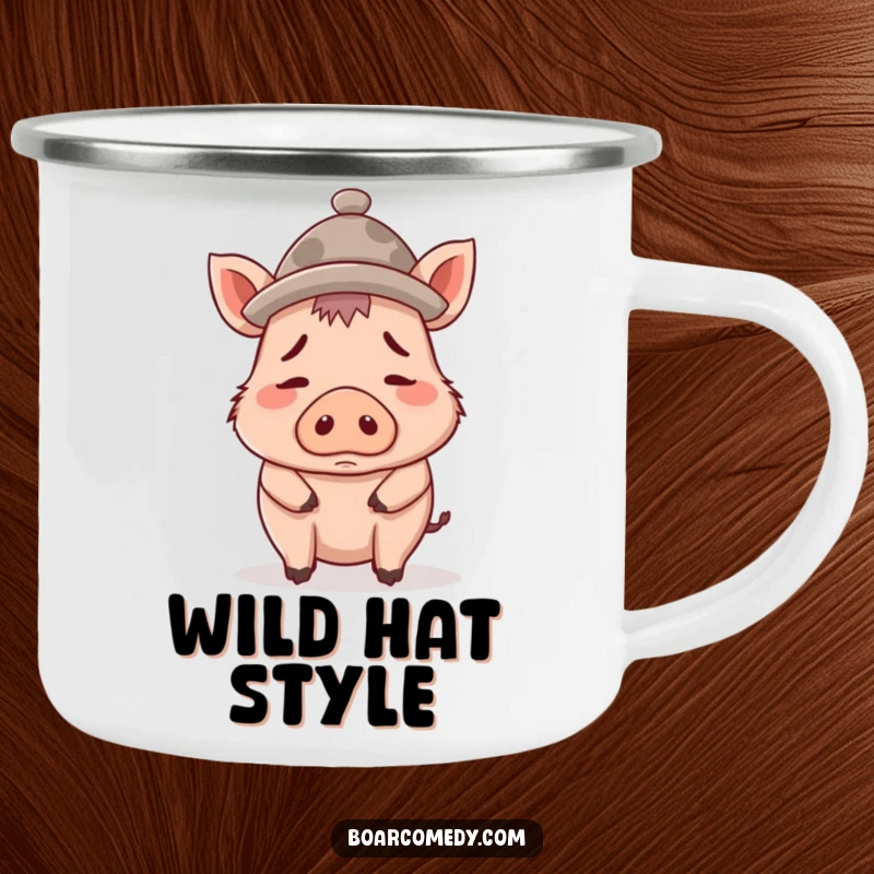 Funny camping mug with a confused boar character wearing an oversized tiny hat, perfect for outdoor headwear humor.