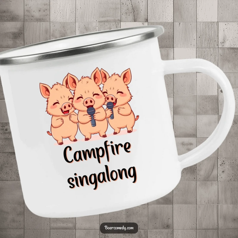 Funny group of three cute boars giggling with tiny microphones, a durable and fun camping mug for outdoor entertainment.