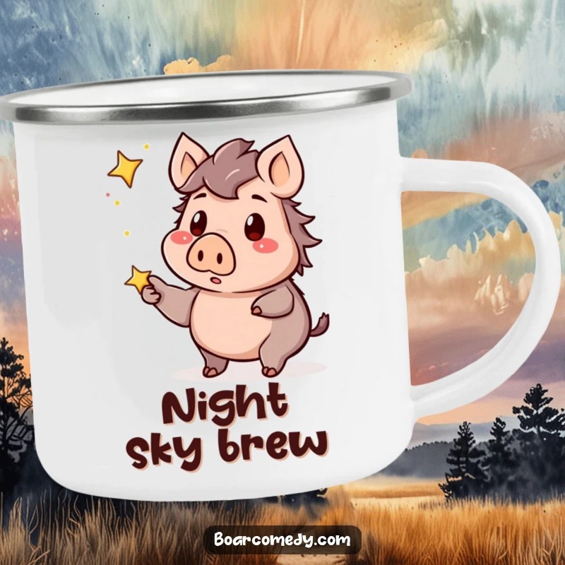 Funny kawaii boar camping mug with a surprised boar pointing at a twinkling star, ready for night sky observations.