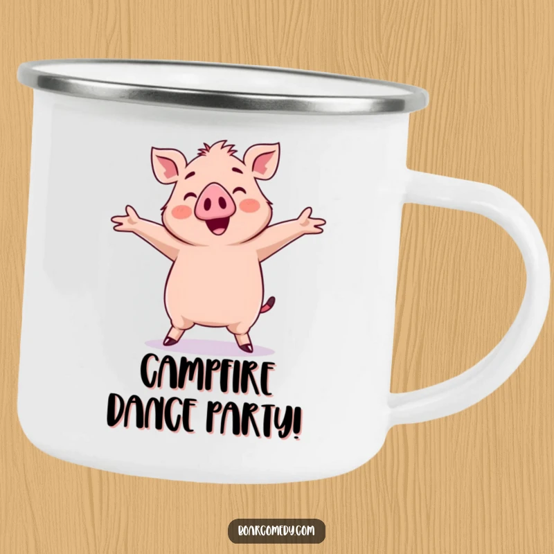 Funny Kawaii Boar Camping Mug: A kawaii boar dances joyfully with arms outstretched, designed for outdoor fun.