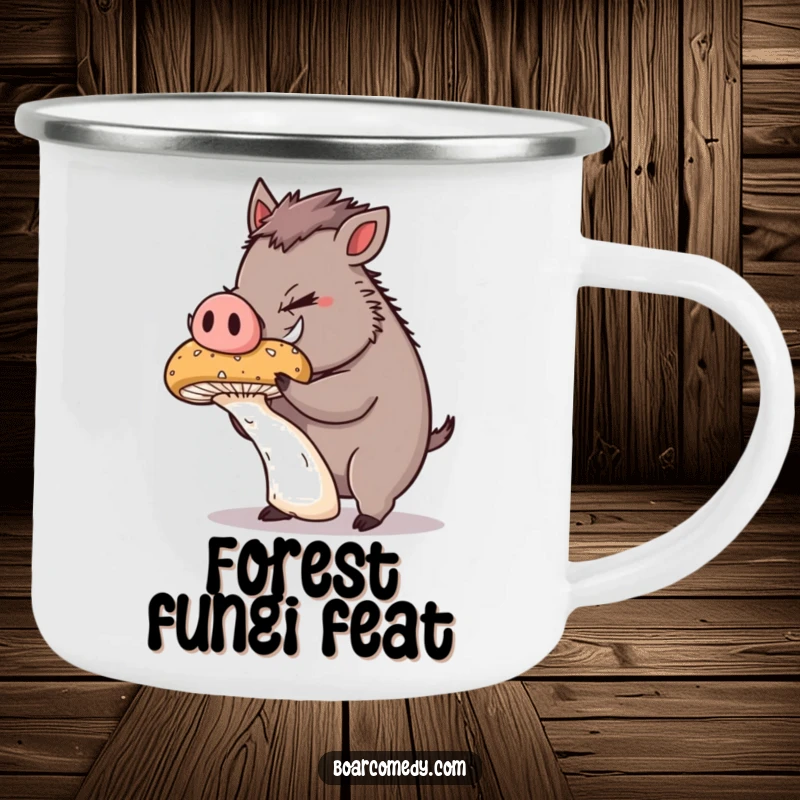 Funny Camping Mug: Cute, plump boar concentrating, balancing a wobbly mushroom, ready for outdoor challenges.