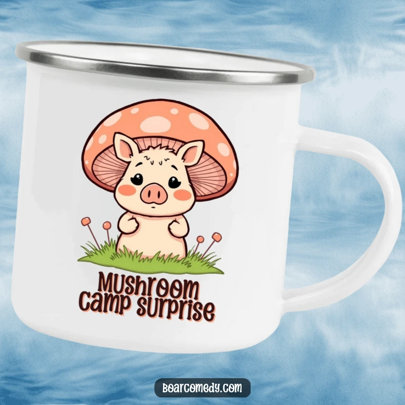 Funny blushing, surprised boar character peeking shyly from behind a large, colorful striped mushroom, printed on a sturdy enamel camping mug.