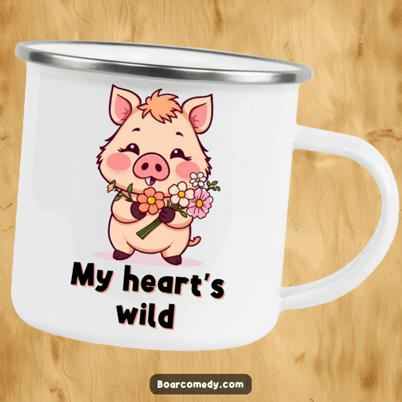 Funny camping mug featuring a blushing boar offering flowers, perfect for outdoor enjoyment with a touch of romantic humor, a great funny gift.