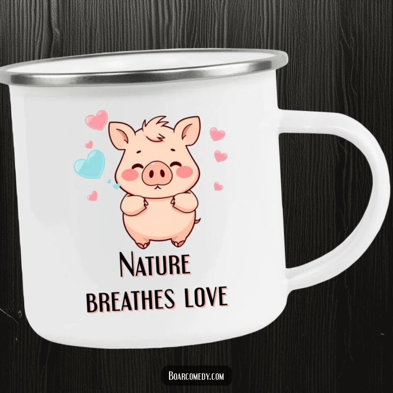 Funny chubby boar blowing heart-shaped bubbles, a durable and charming camping mug for enjoying beverages outdoors.