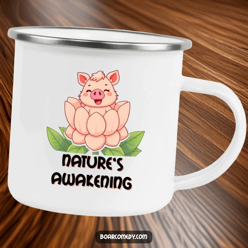 Funny camping mug with a bubbly boar character joyfully popping out of a giant flower, perfect for outdoor cheer.