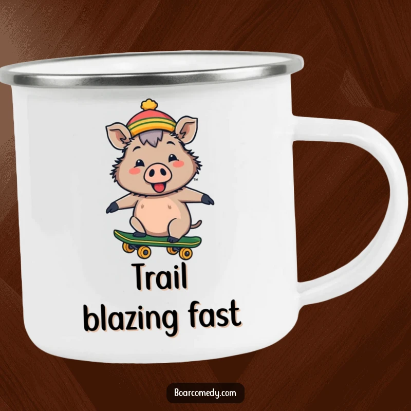 Funny durable camping mug with a cheerful boar in a tiny hat riding a skateboard, ready for outdoor adventures.