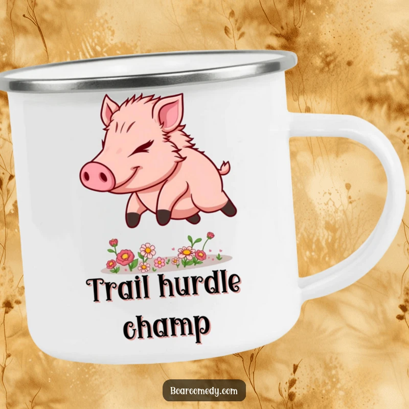 Funny Kawaii Boar Camping Mug showing determined leaping over flowers, built for rugged determination and outdoor fun.