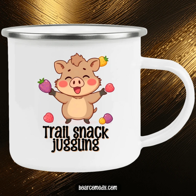 Funny camping mug: a small boar character enthusiastically juggling three brightly colored berries, ready for outdoor fun and amazement.