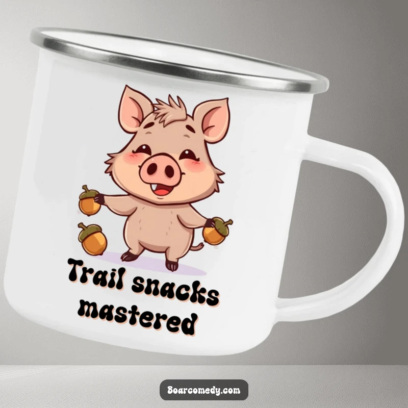Funny camping mug with a smiling boar character juggling acorns with its snout, perfect for outdoor enthusiasts who love humor.