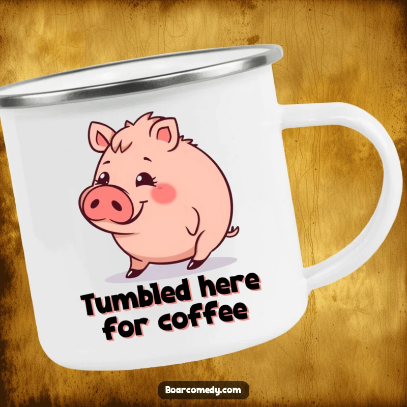 Funny Camping Mug: Round boar character with a funny expression, tripping slightly, a durable and humorous mug for outdoor fun.