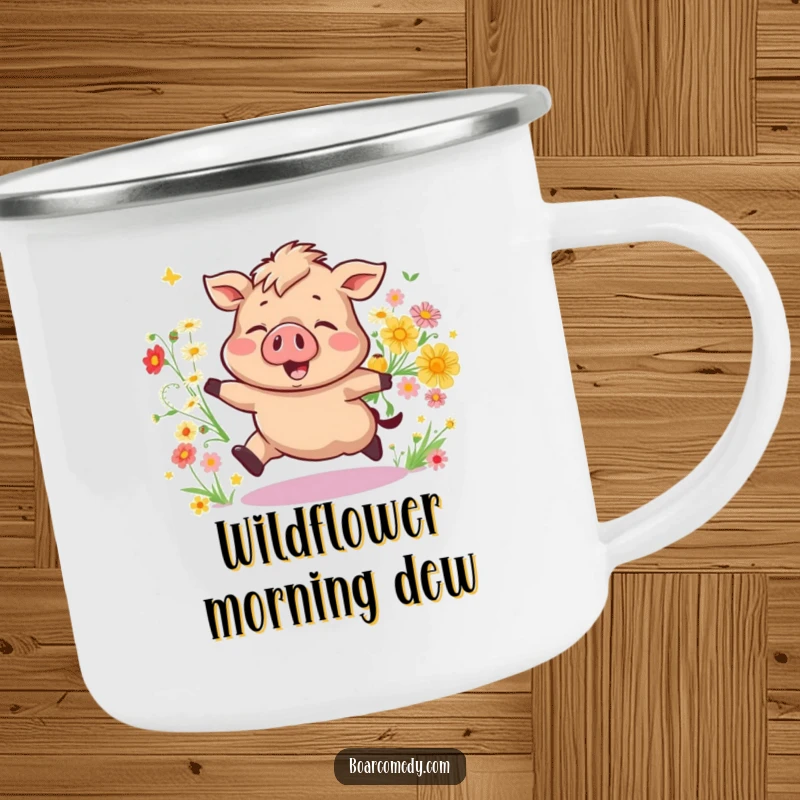 Funny Bouncing Boar Camping Mug, a joyful pig with wildflowers, ready for outdoor brews. A cheerful funny gift.