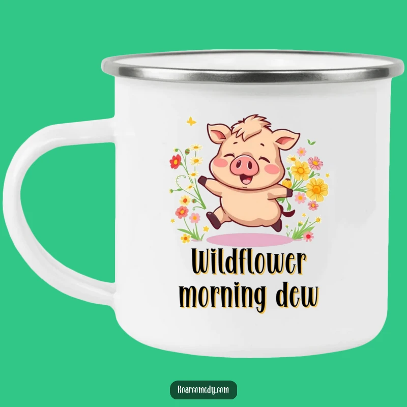 Adventure Funny Bouncing Boar Camping Mug: Joyful Flower Pig Enamel Mug, Outdoor Funny Gift!