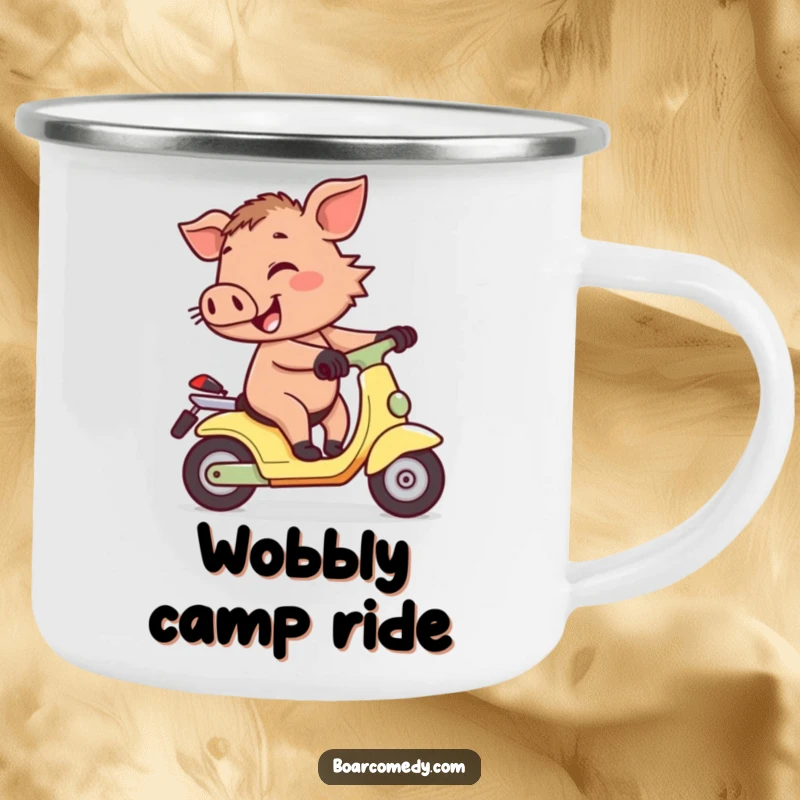 Funny cheerful little boar character wobbling precariously while attempting to ride a tiny scooter, printed on a sturdy enamel camping mug.