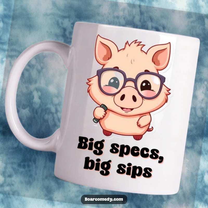Funny smiling boar wearing oversized glasses holds a magnifying glass, looking for clues on a coffee mug.