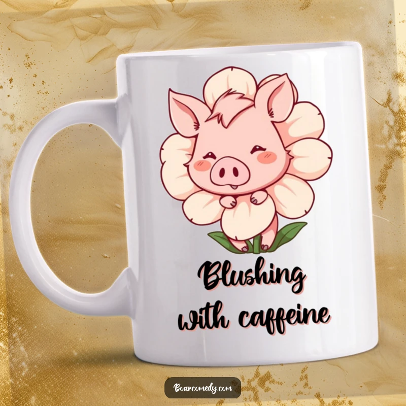 Funny Mug: Shy, blushing boar peeking from behind a large, animated flower with a bashful smile, radiating sweet charm.