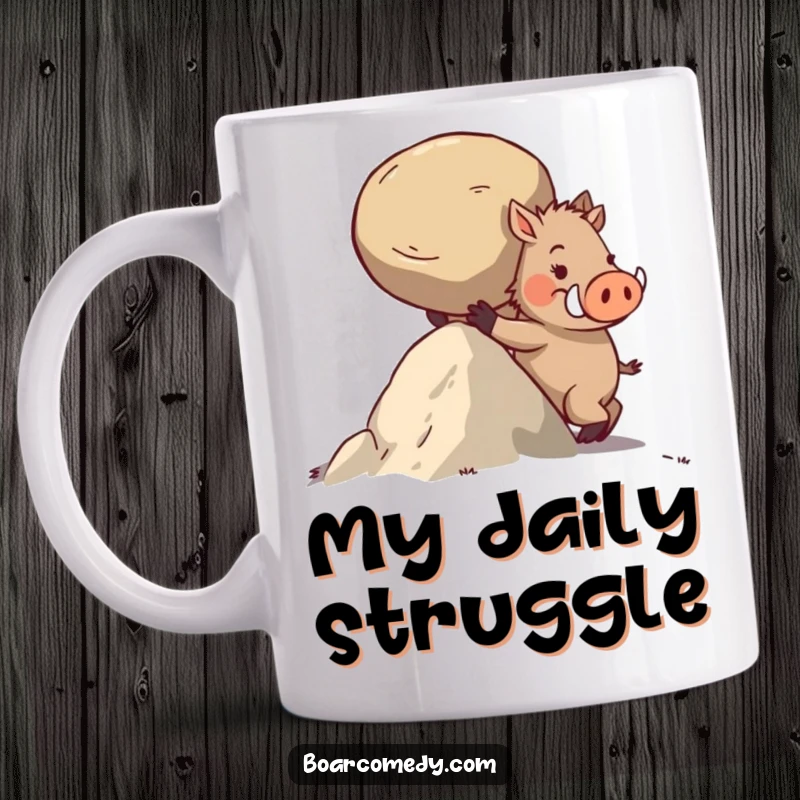 Funny mug depicting a determined boar character straining to push a large, round stone uphill with great effort.
