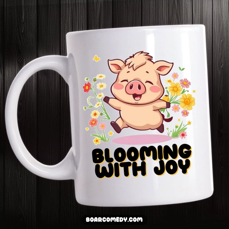 Funny Bouncing Boar Mug, a joyful pig character leaping with a bouquet of wildflowers, spreading cheer. A vibrant funny gift.